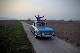 Former Iron Curtain Border in Bratislava and Skoda car"